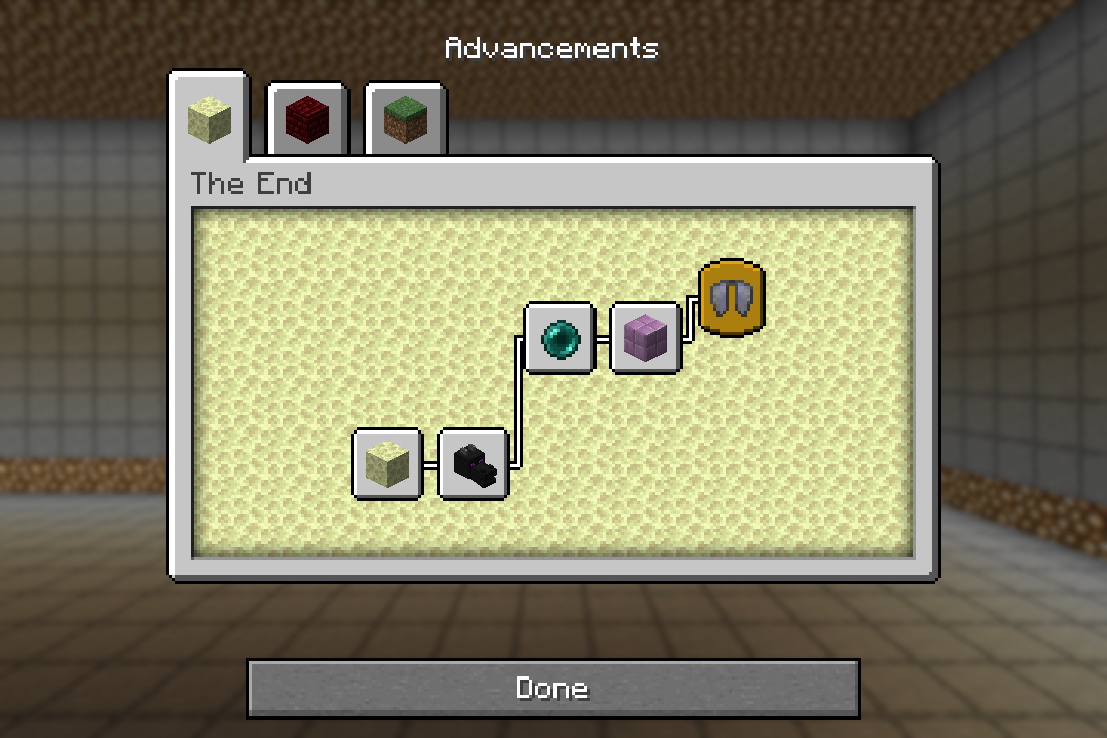 Armor HUD Changes Resource Pack Screenshot 2 Minecraft advancements screen showing the achievement path for items in The End dimension