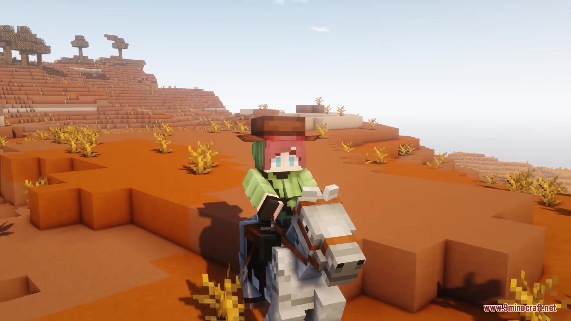 Armor Quick Swap Mod Screenshot 1 Minecraft player with a cowboy hat riding a white horse through mesa biome