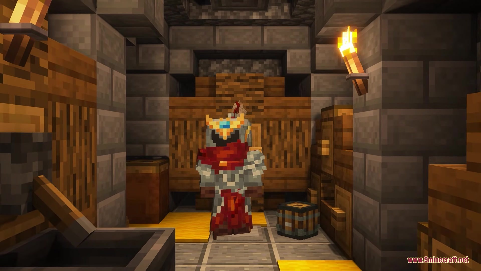 Armor Quick Swap Mod Screenshot 2 A player wearing ornate red and gold armor standing in a stone dungeon