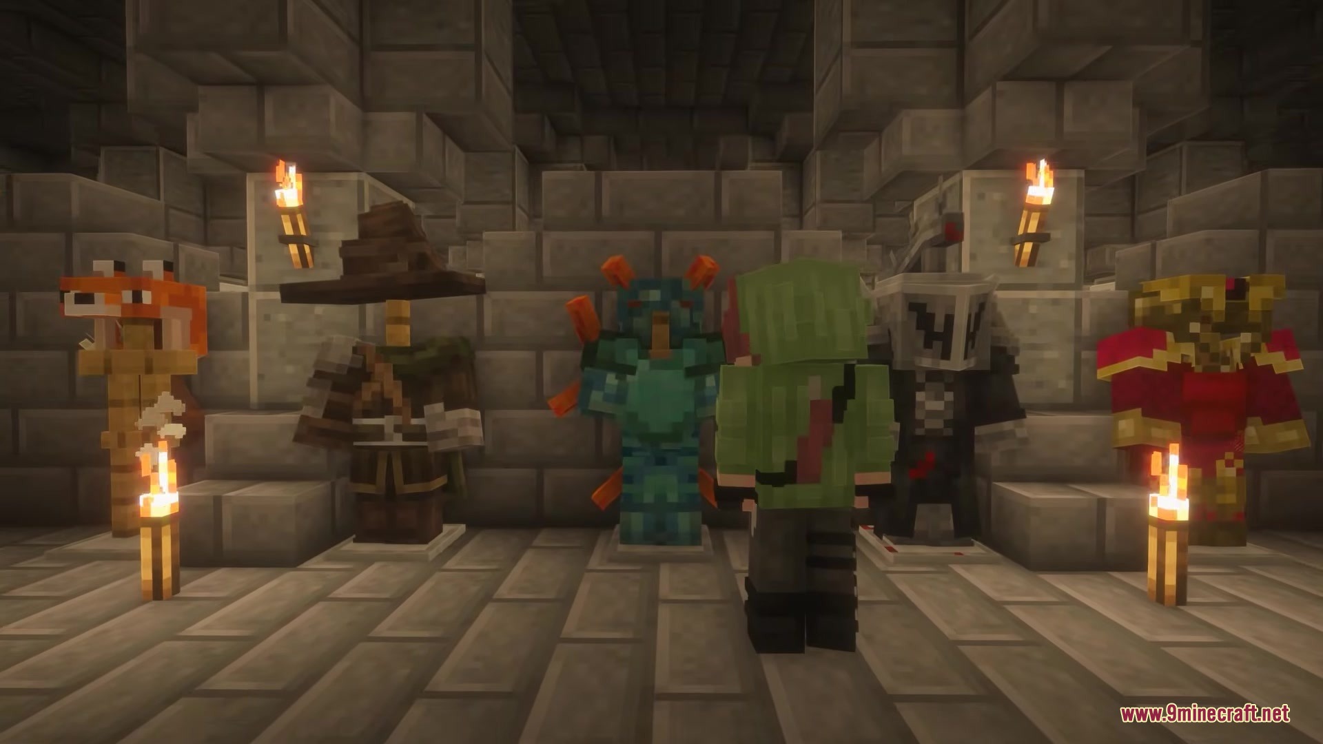 Armor Quick Swap Mod Screenshot 4 A player looks at several unique armor sets displayed on armor stands