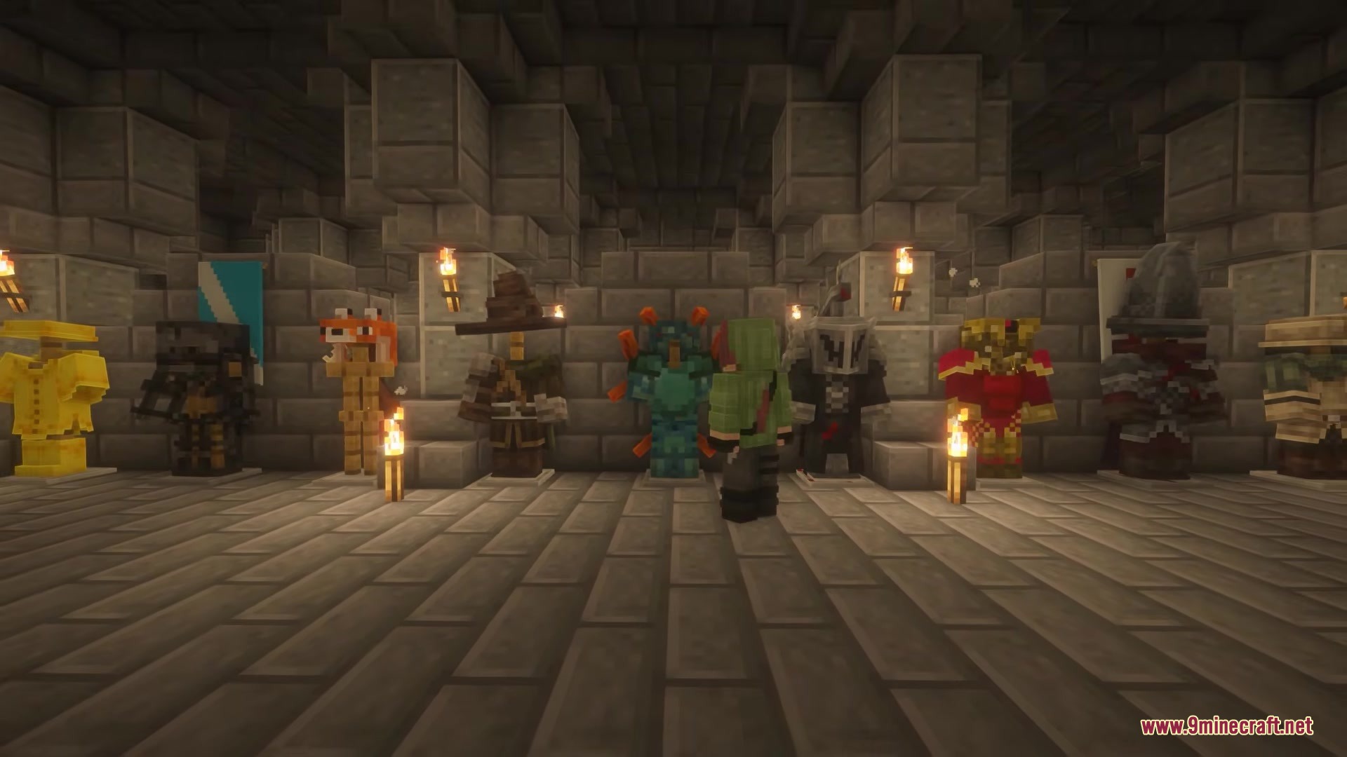 Armor Quick Swap Mod Screenshot 5 A player looking at several armor stands displaying various sets of gear