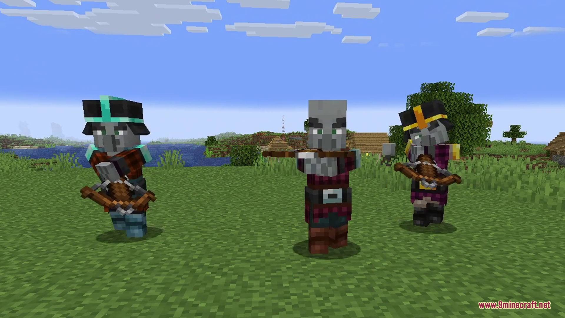 Armored Illager Fresh Animation Resource Pack Screenshot 1 Three pillagers in custom armor stand in a field with crossbows
