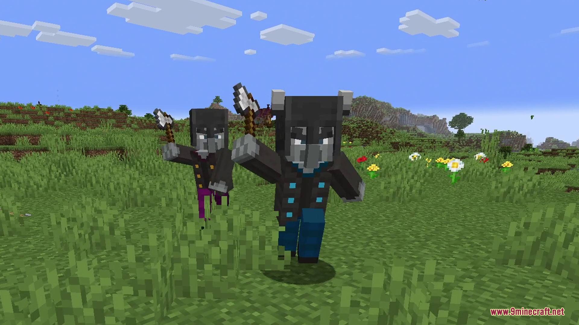 Armored Illager Fresh Animation Resource Pack Screenshot 2 Two vindicators in dark armor run through a field holding axes