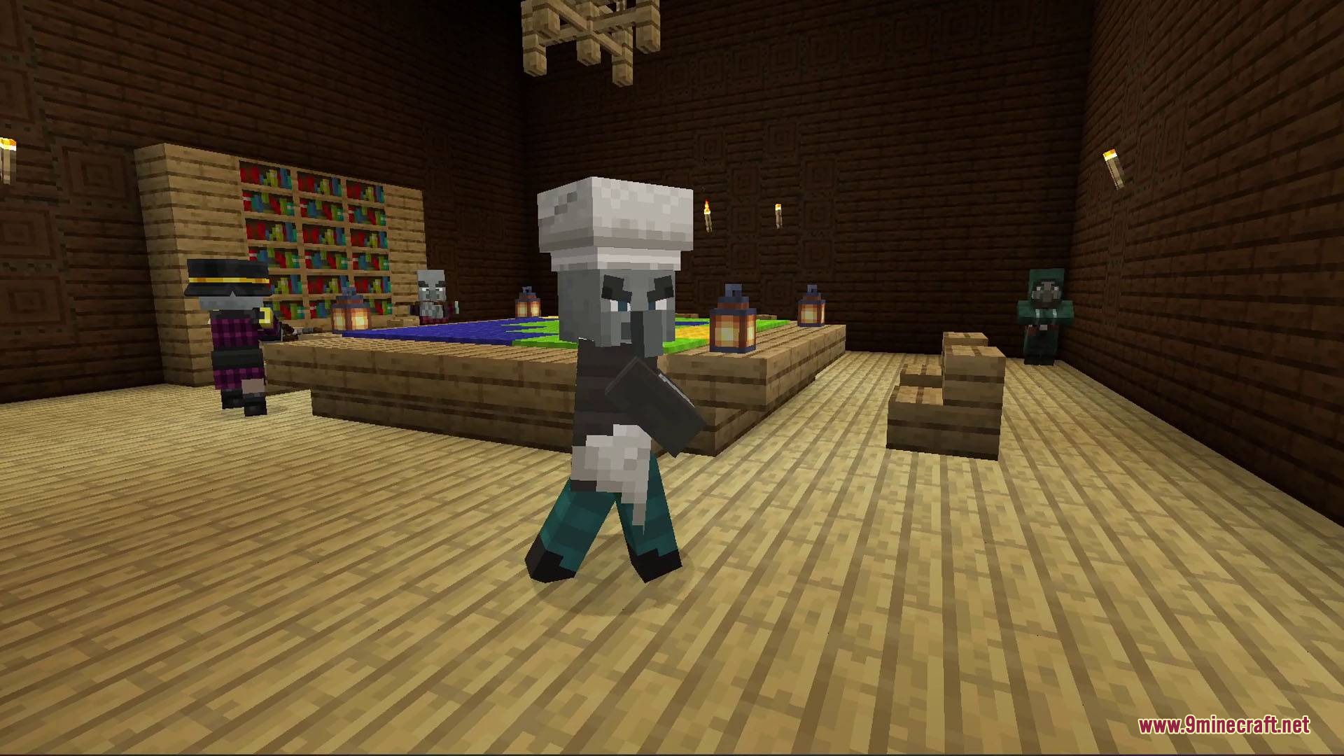 Armored Illager Fresh Animation Resource Pack Screenshot 3 A Chef Vindicator variant stands inside a room with a large wooden table