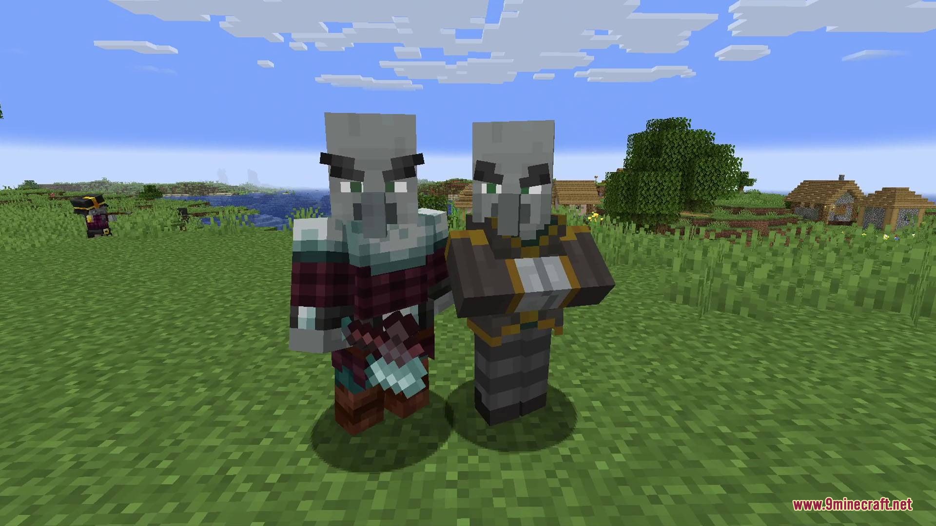 Armored Illager Fresh Animation Resource Pack Screenshot 4 Two armored illagers stand in a grassy field near a small village