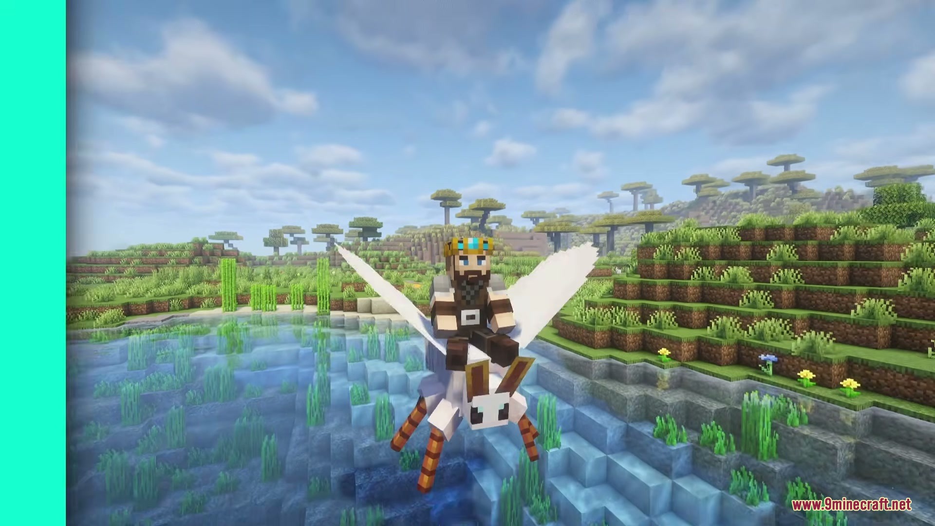 A player wearing a crown rides a white winged creature over a lake