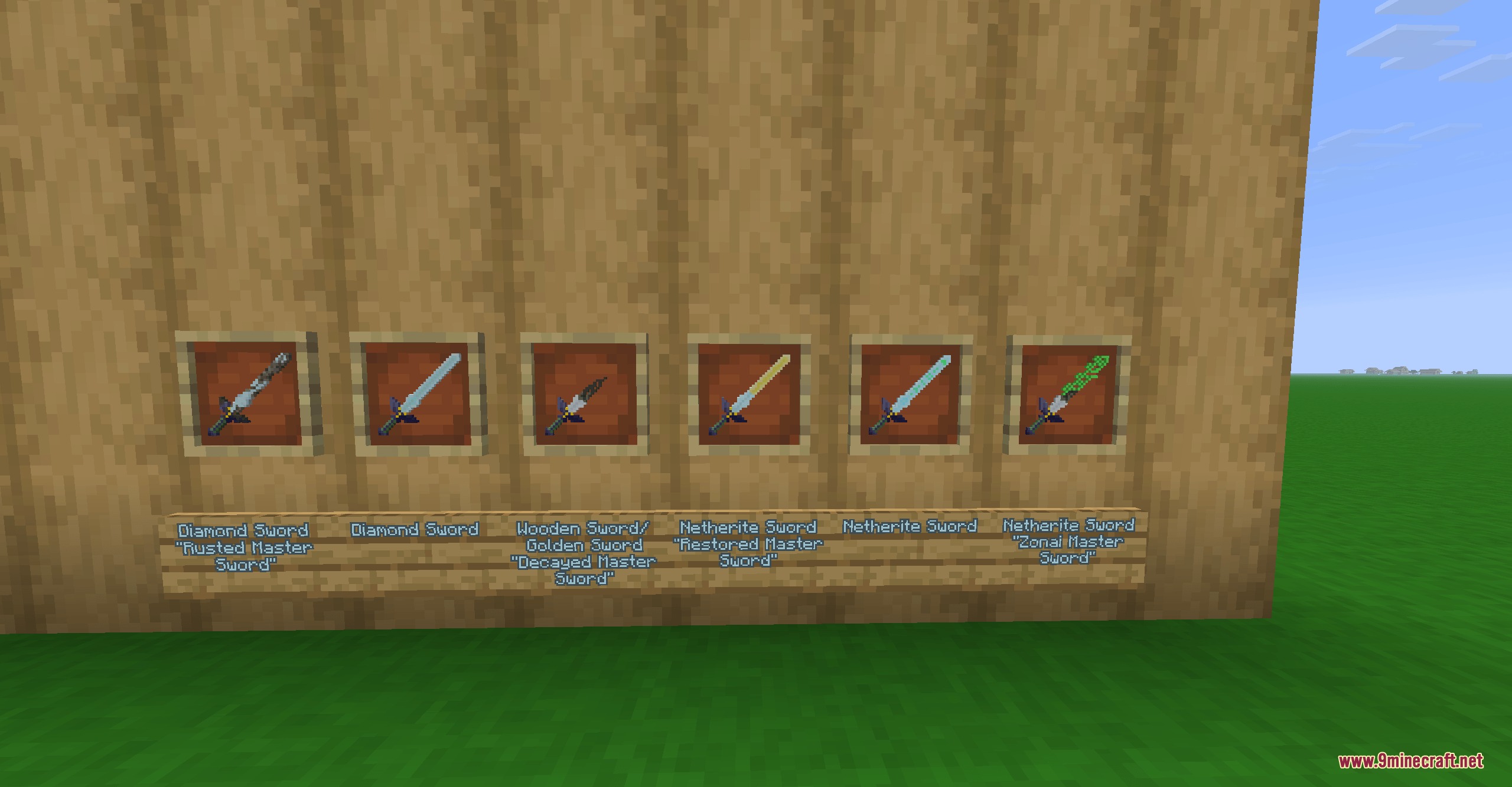 Armory of the Wild Resource Pack Screenshot 2 Various Master Sword variants from Armory of the Wild displayed in item frames