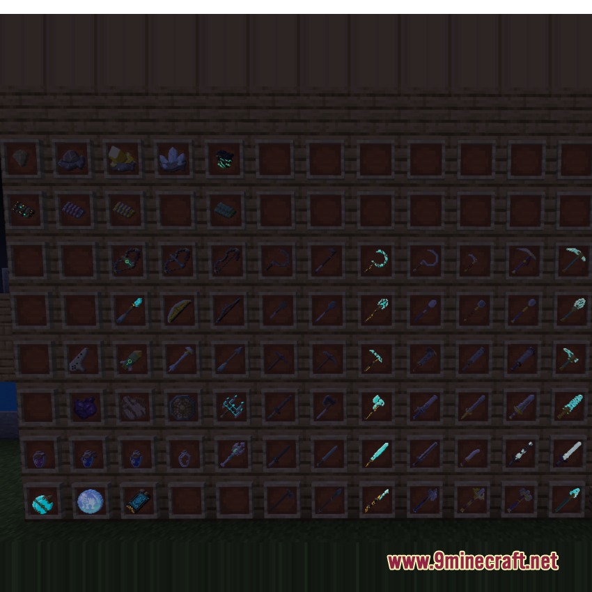 Armory of the Wild Resource Pack Screenshot 4 Glowing textures of custom items and weapons shown in the dark