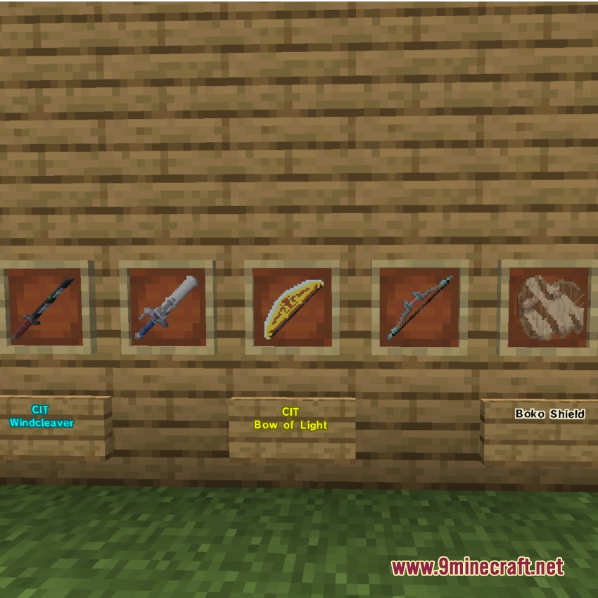 Armory of the Wild Resource Pack Screenshot 5 Custom Zelda themed weapons and shields showcased in item frames on wooden planks