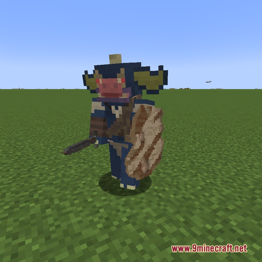 Armory of the Wild Resource Pack Screenshot 6 A Minecraft mob reskinned as a Blue Bokoblin holding a sword and shield
