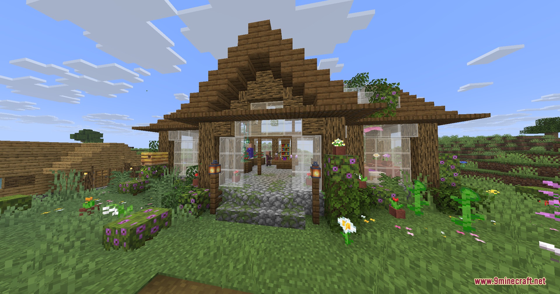Aroma Affect Mod Screenshot 2 Cozy wooden house with glass walls surrounded by colorful flowers and greenery