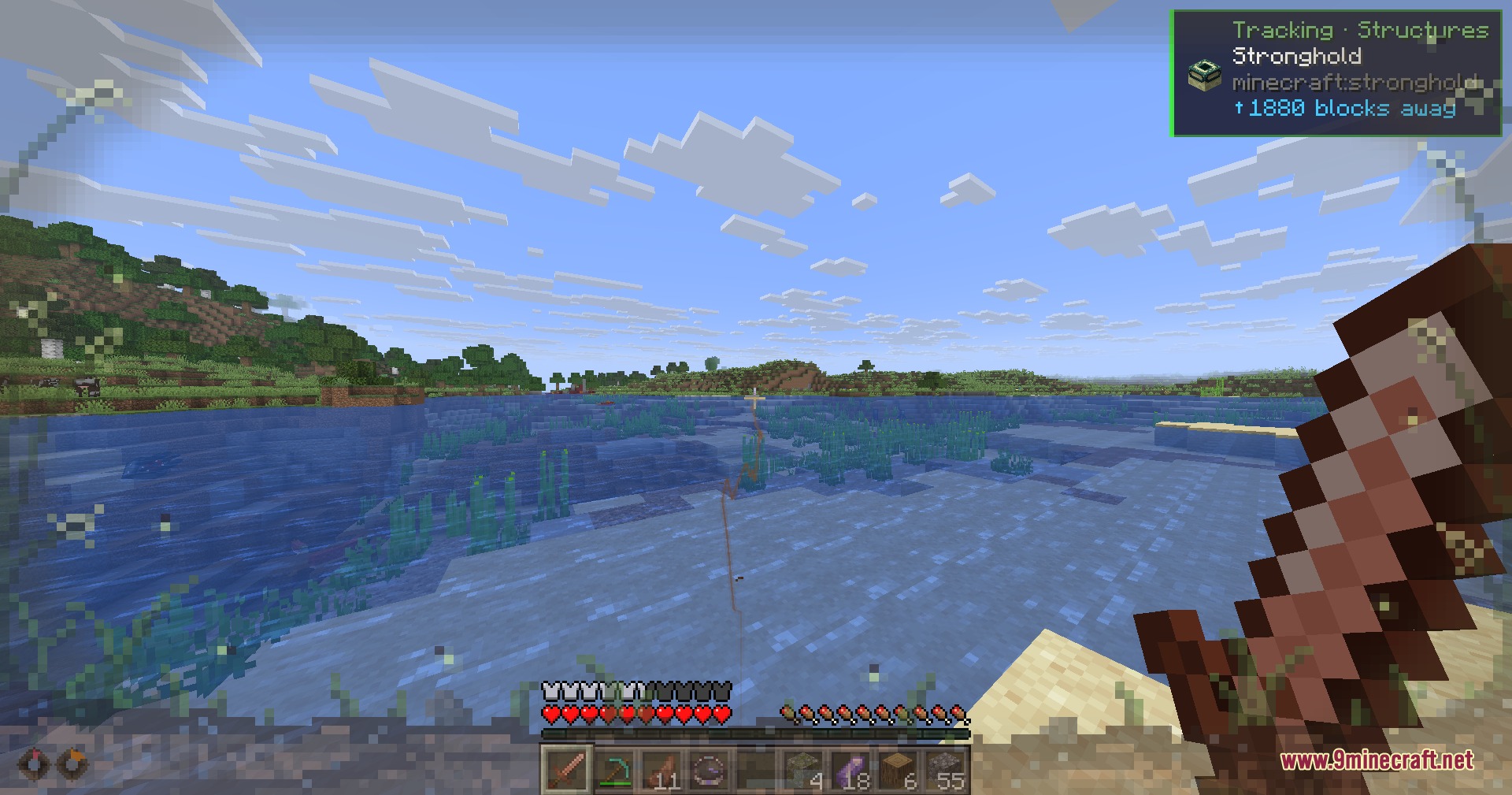 Aroma Affect Mod Screenshot 3 Player tracking a stronghold structure with a distance indicator and particle effects