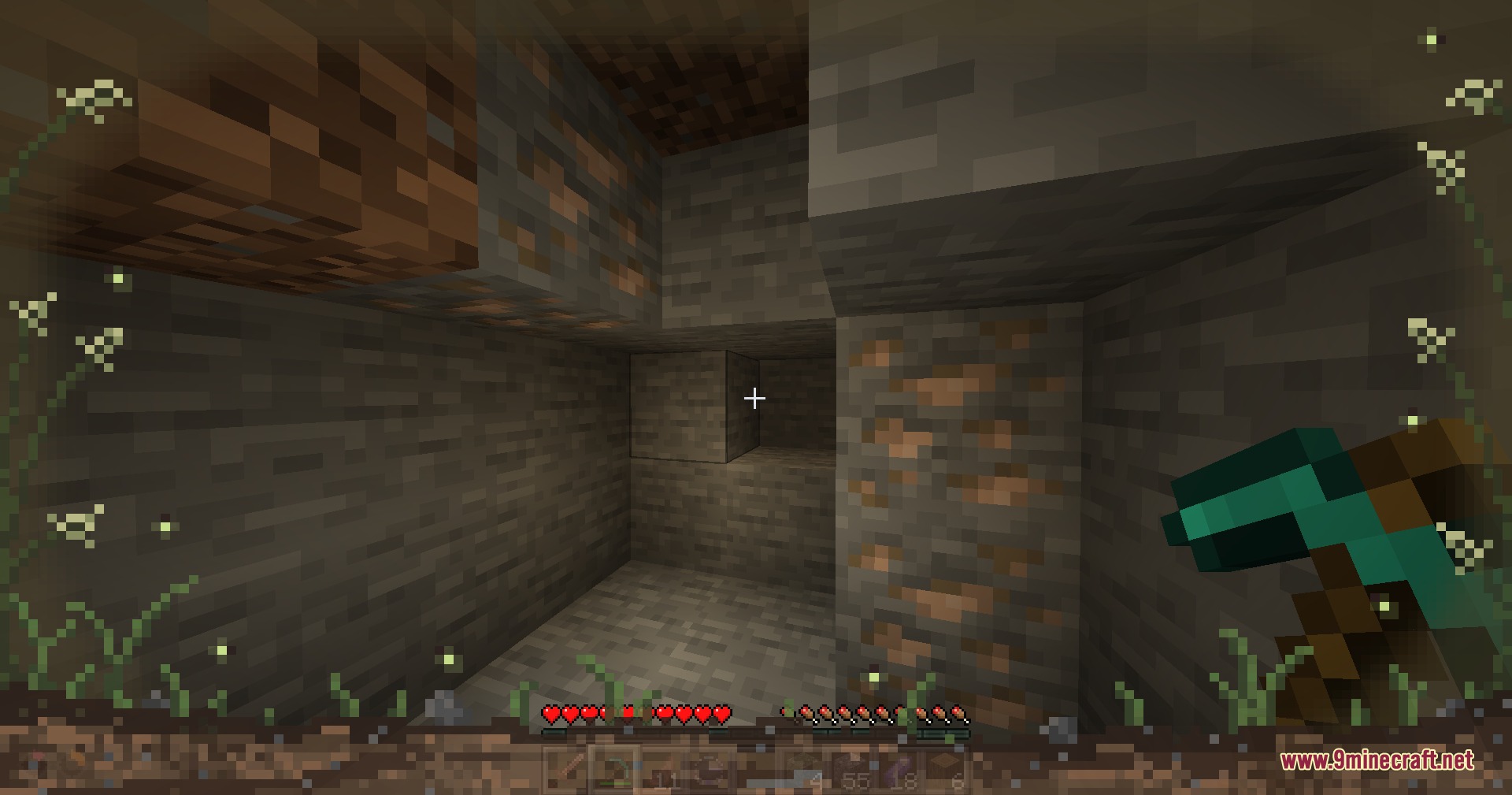 Aroma Affect Mod Screenshot 5 Player mining iron ore in a cave with floating scent particles