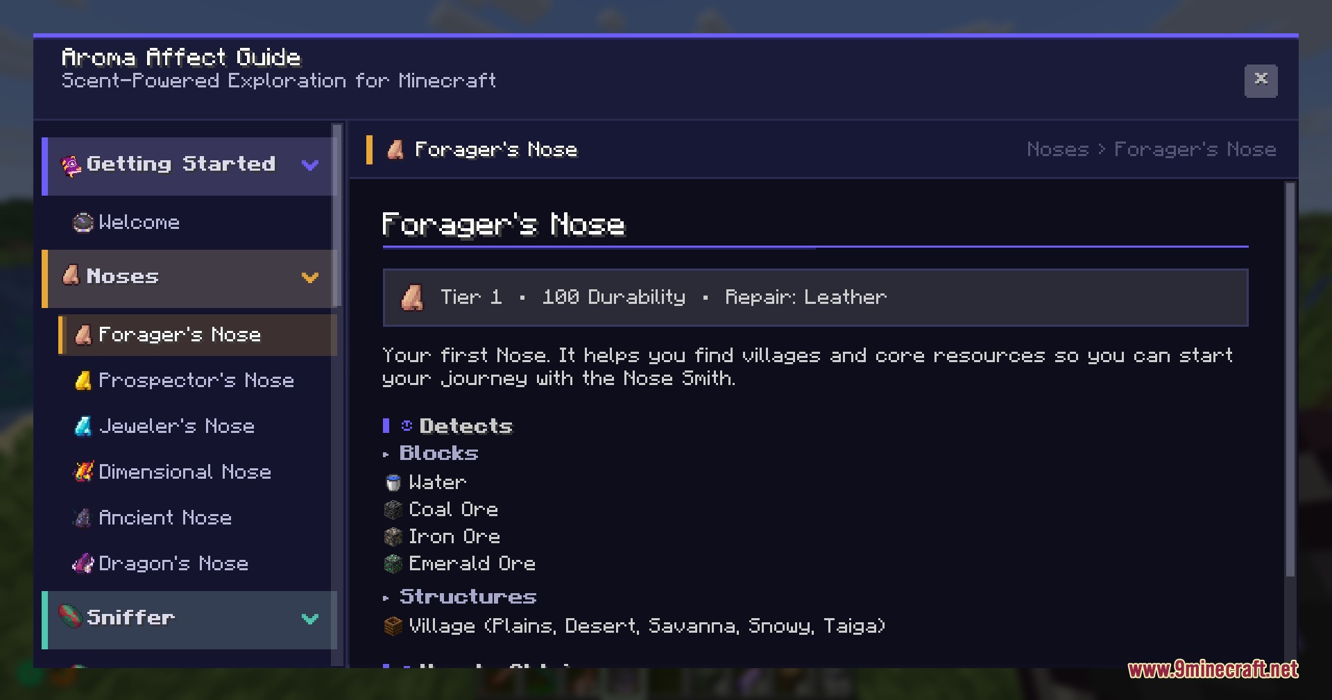 Aroma Affect Mod Screenshot 8 An in game guide menu showing details for the Forager Nose item