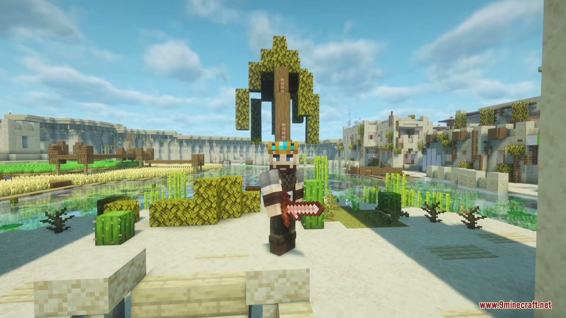 A crowned player character holding a rose gold sword in a desert village