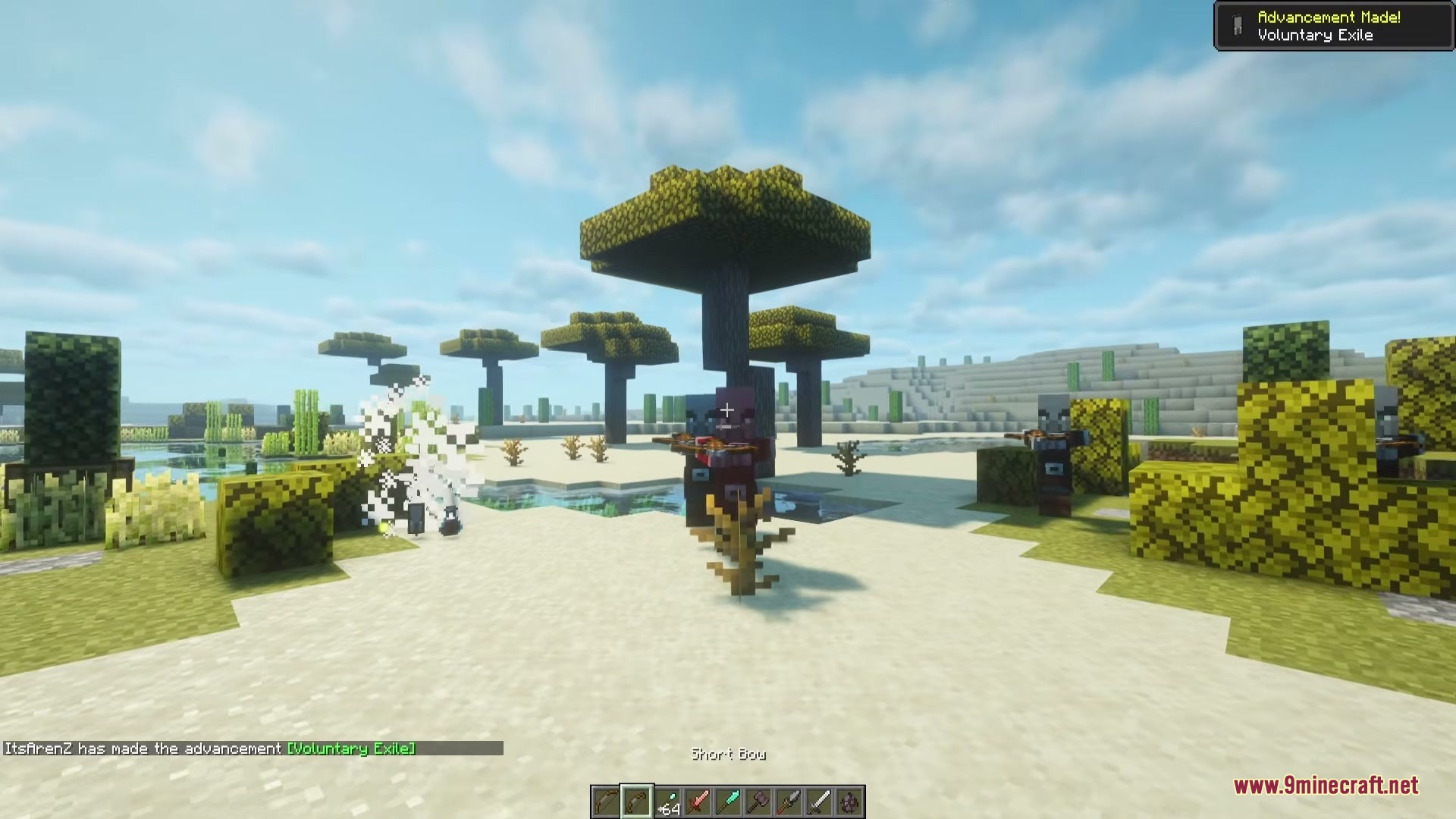 A player wielding a weapon from Arsenal Weaponry Mod against hostile Pillagers