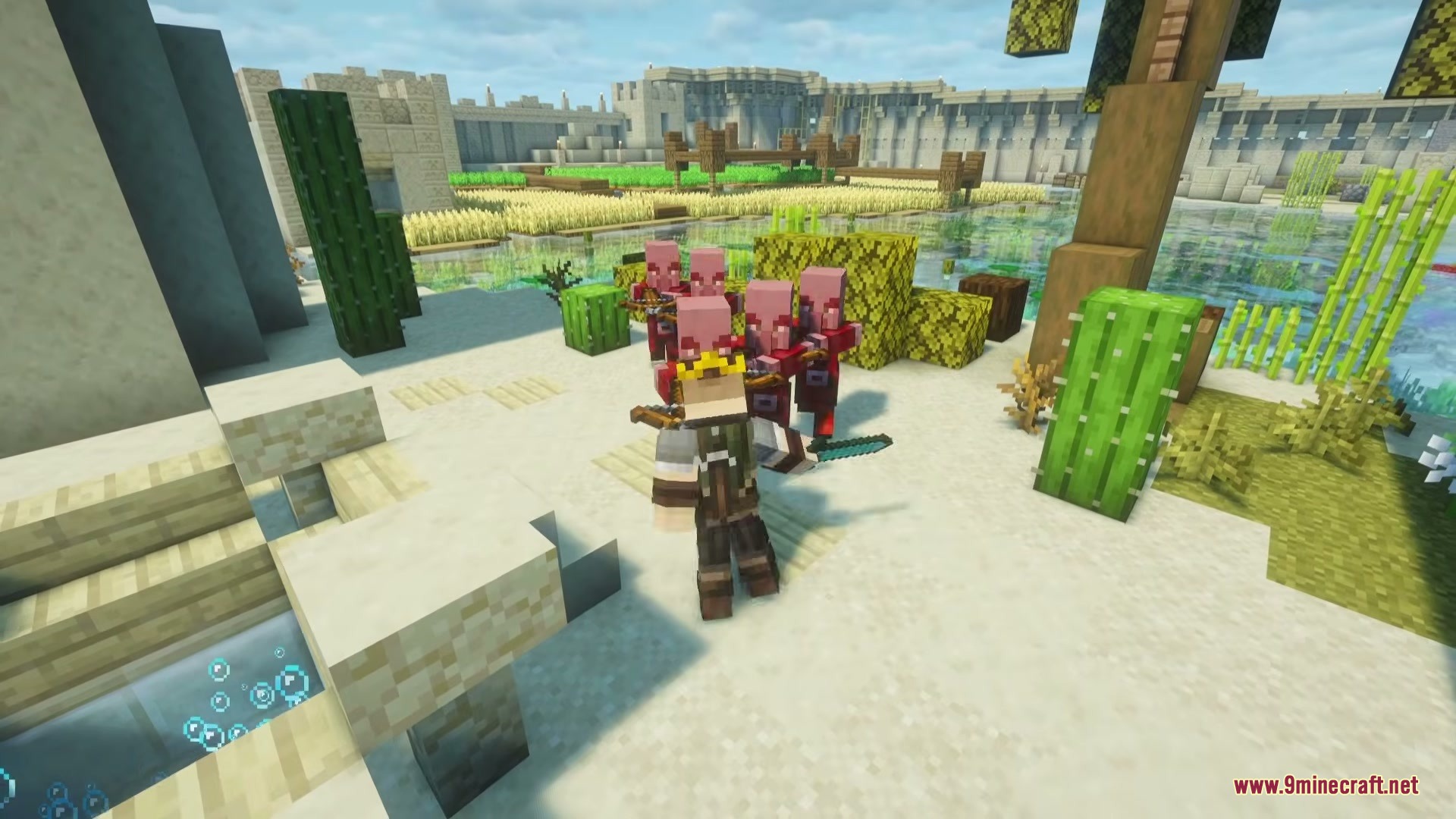 A group of Pillagers chasing a player holding a new diamond weapon