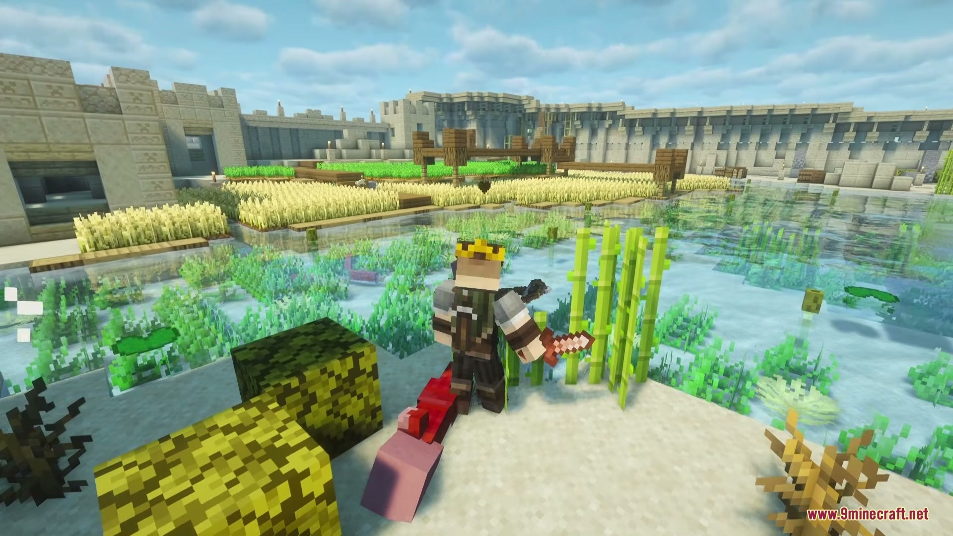A crowned player explores a beautiful desert oasis with lush green crops