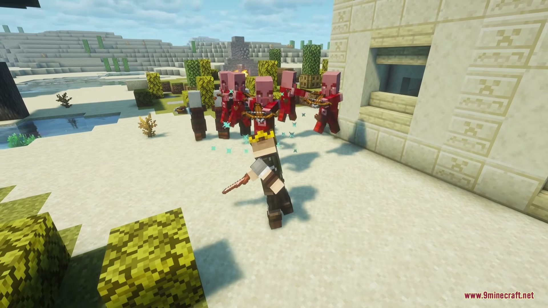 A player uses a dagger to fight off a group of hostile mobs