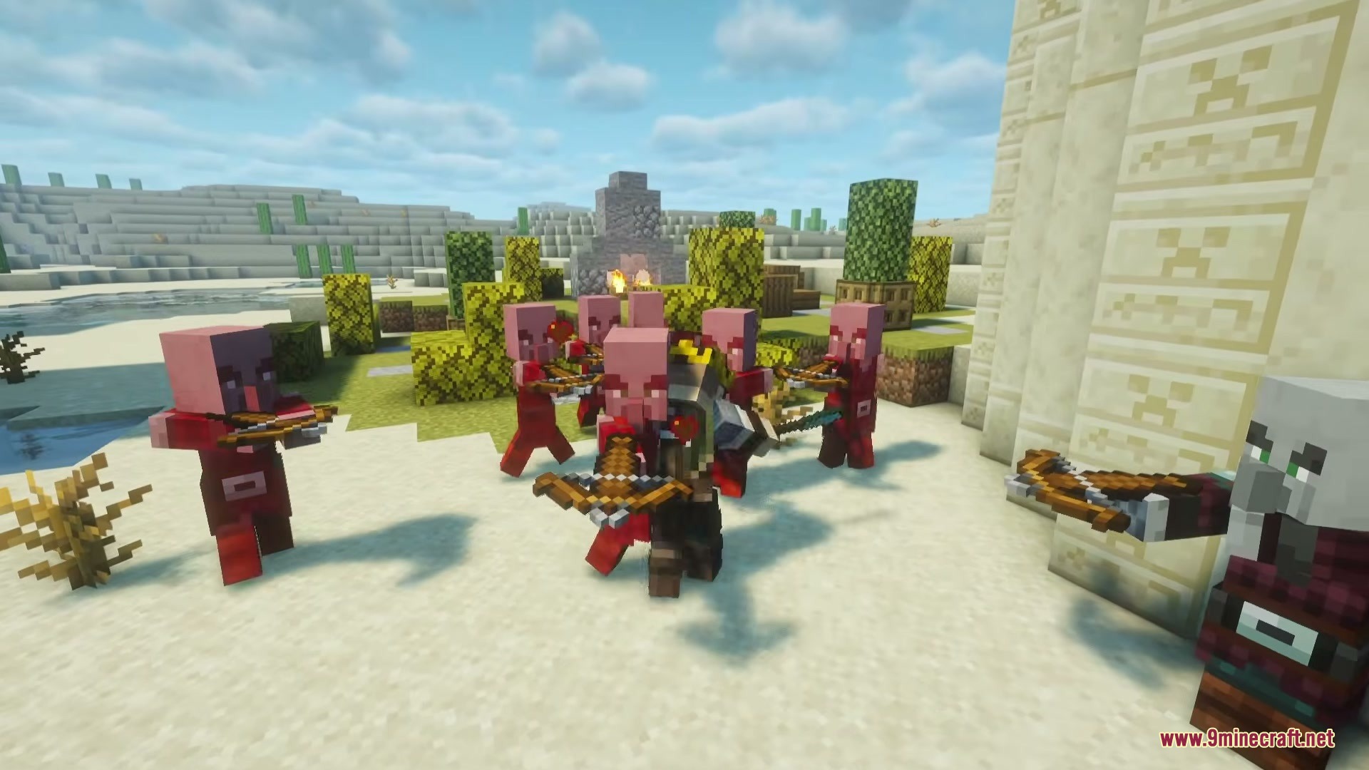Pink pillagers with crossbows surround a leader with a sword near a desert temple