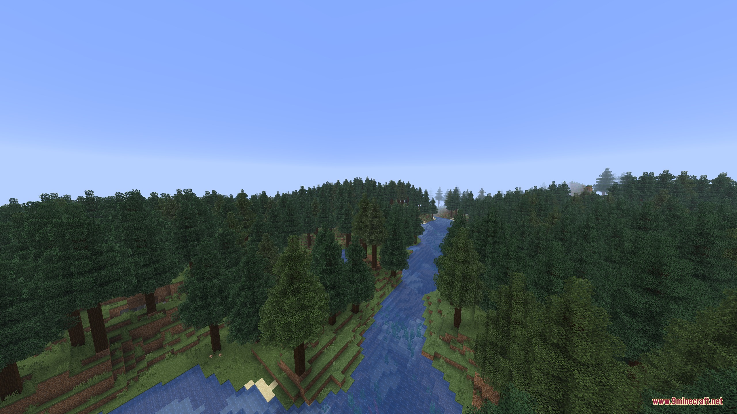 Artemis Better Biomes Mod Screenshot 4 A clean river flows through a dense forest of tall spruce trees and hills