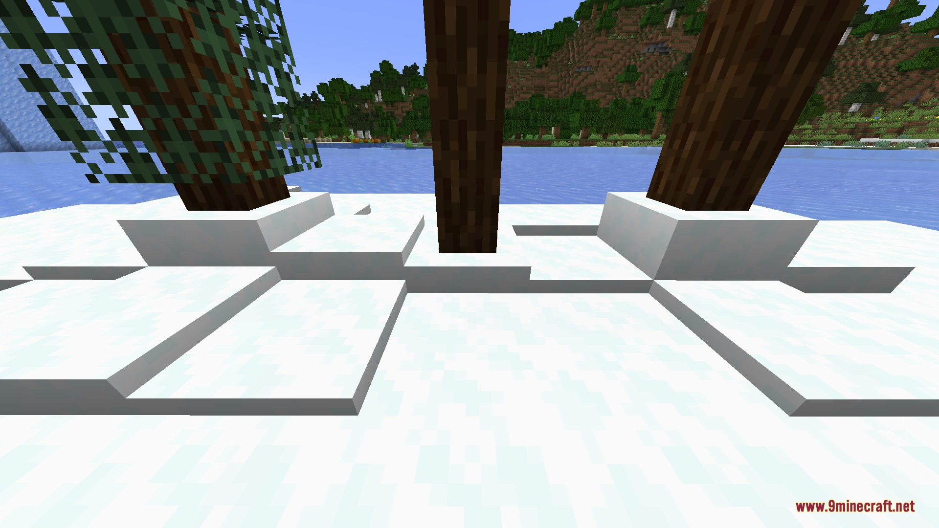Artemis' Thin Logs Mod Screenshot 2 Thin logs placed on snow layers demonstrating the stacked decoration feature in Minecraft