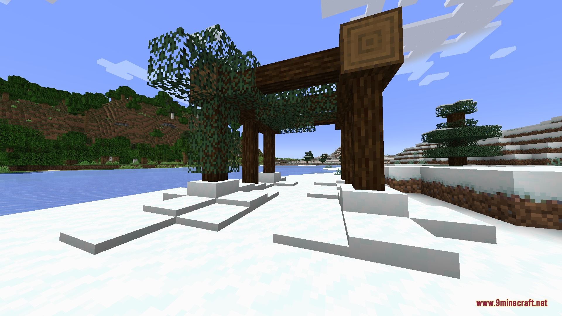 Artemis' Thin Logs Mod Screenshot 5 Thin wooden logs used to build a small structure in a snowy biome