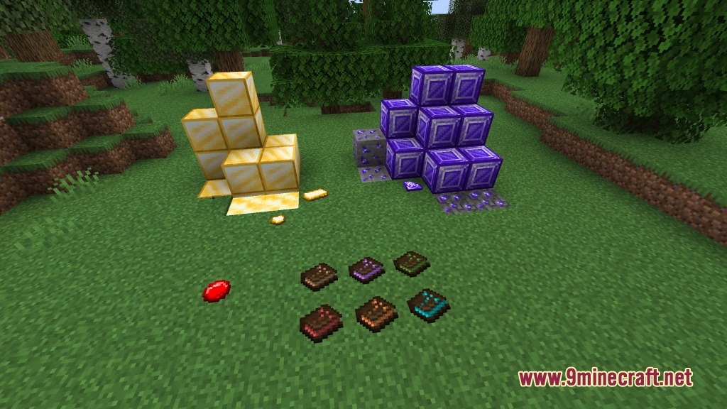 Ascendant Smithing Metals Mod Screenshot 1 Purple Champium blocks and Forbidden Tomes from Ascendant Smithing Metals Mod on grass