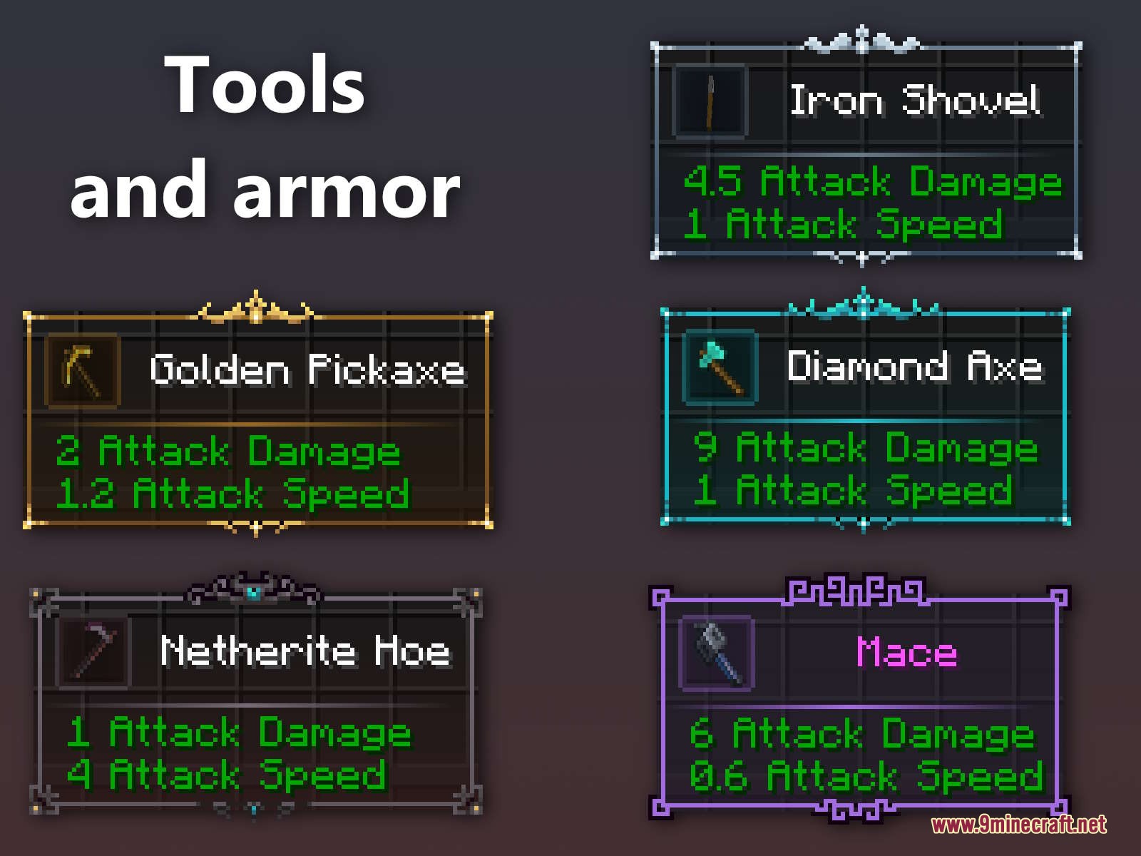 Assembled Legendary Tooltips Resource Pack Screenshot 1 Custom tooltip frames for various Minecraft tools and weapons with attack stats