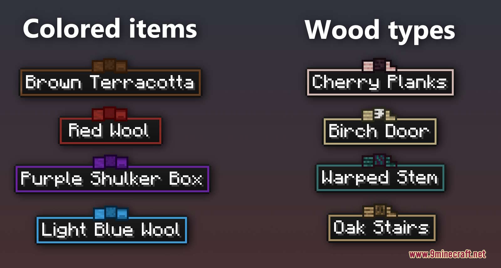 Assembled Legendary Tooltips Resource Pack Screenshot 3 Custom tooltip frames for colored blocks and various types of wood materials