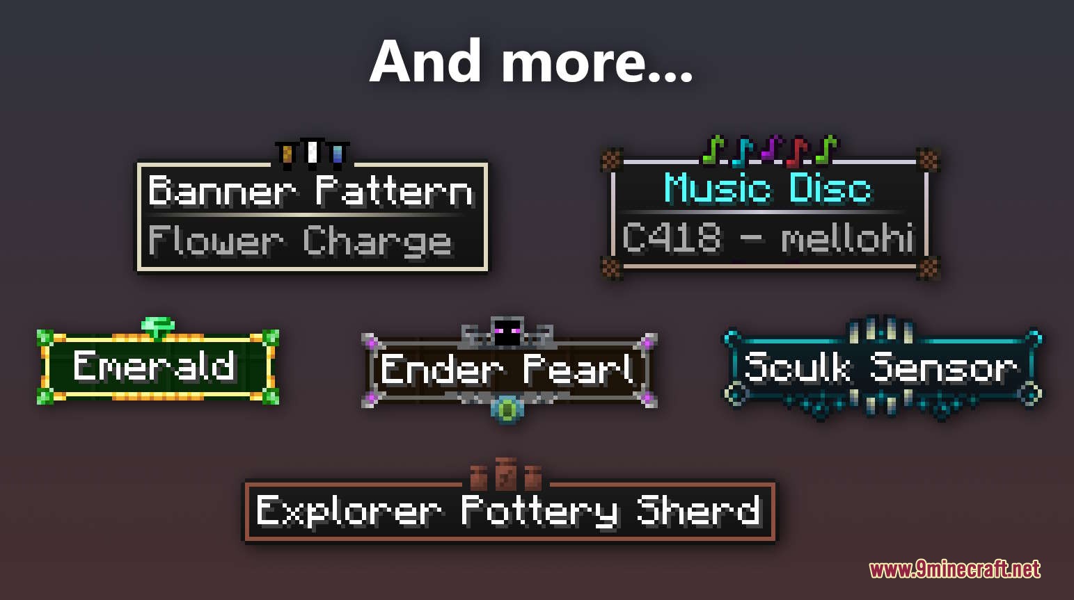 Assembled Legendary Tooltips Resource Pack Screenshot 5 Showcase of various Minecraft items featuring unique and decorative tooltip border designs