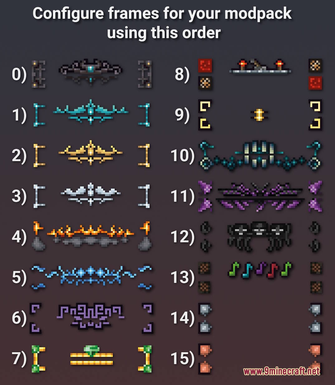 Assembled Legendary Tooltips Resource Pack Screenshot 6 Numbered list displaying different custom frame styles for configuring item tooltips