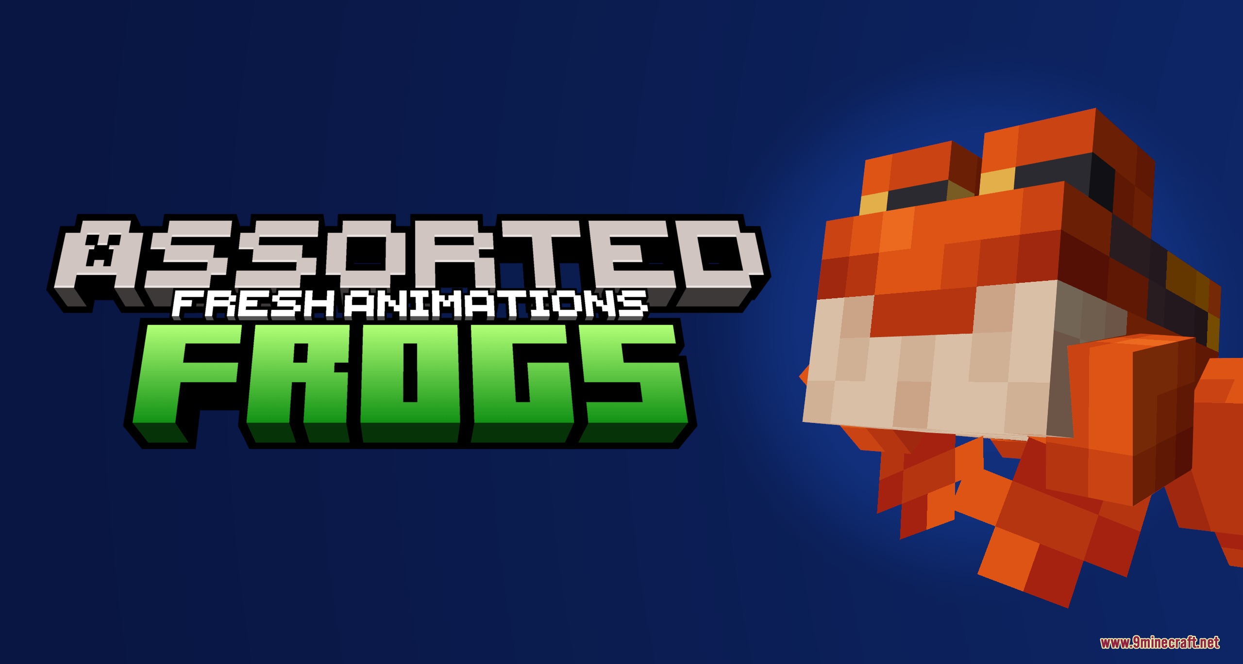 Assorted Frogs X Fresh Animations Resource Pack Screenshot 1 Title screen for Assorted Frogs Fresh Animations with a large orange frog