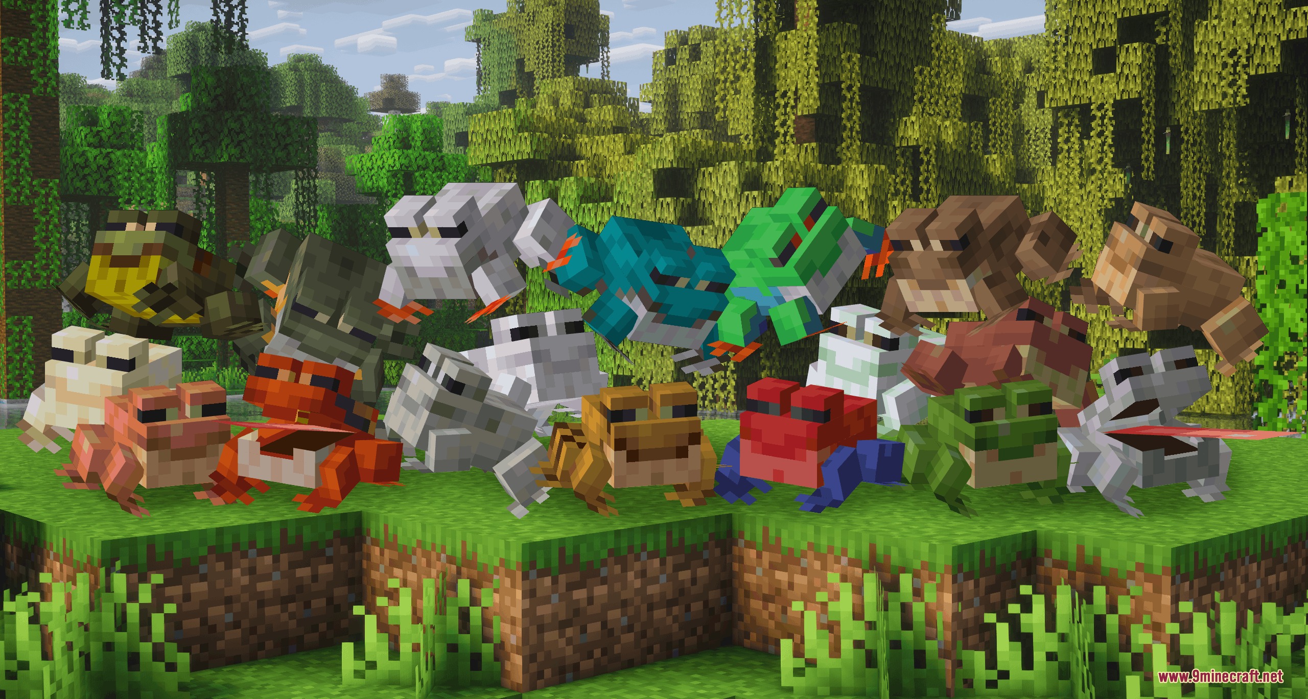 Assorted Frogs X Fresh Animations Resource Pack Screenshot 2 A group of colorful Minecraft frogs with different patterns standing in a swamp