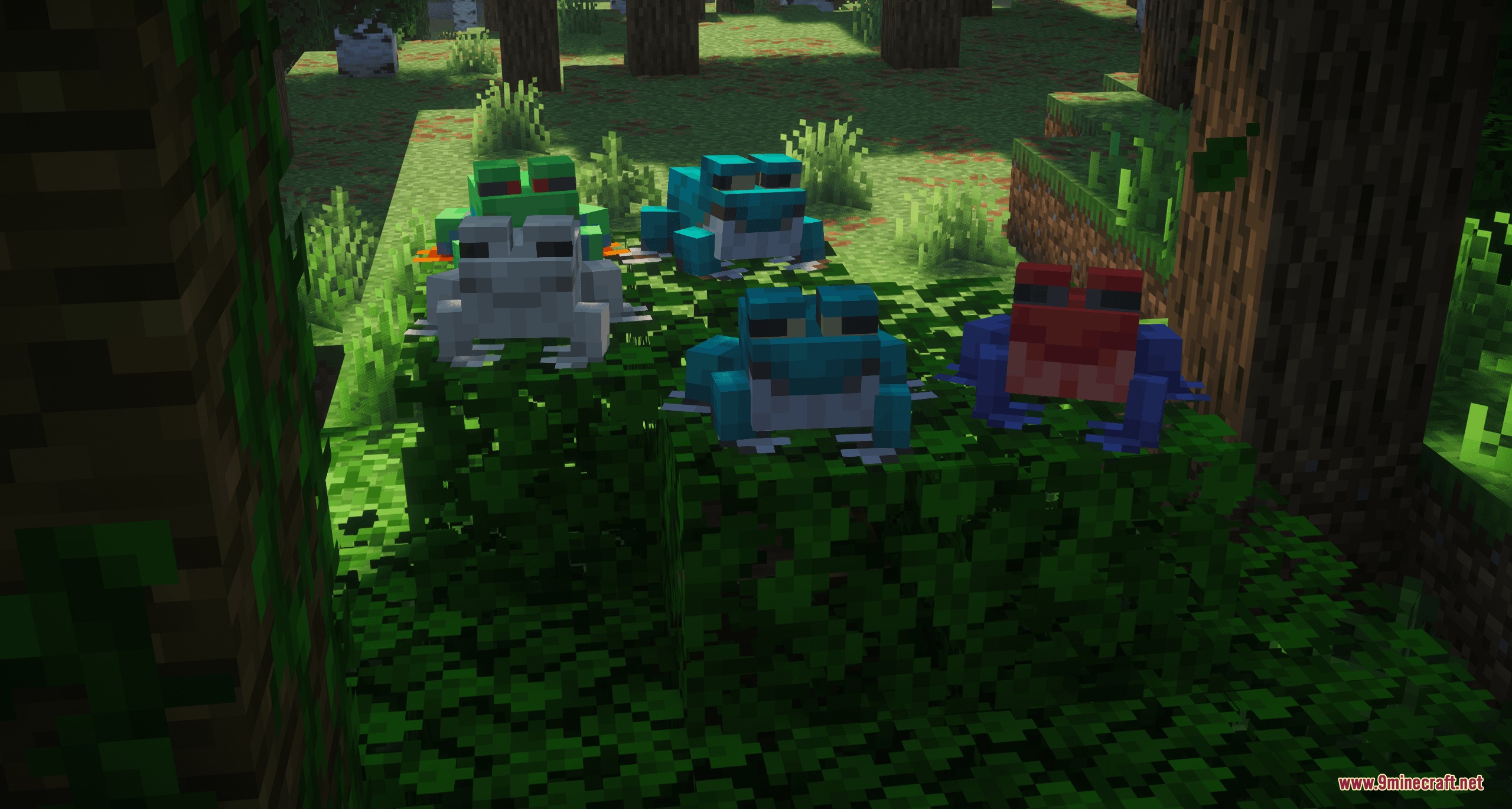 Assorted Frogs X Fresh Animations Resource Pack Screenshot 4 Exotic blue and red frogs resting on green leaves in a Minecraft jungle