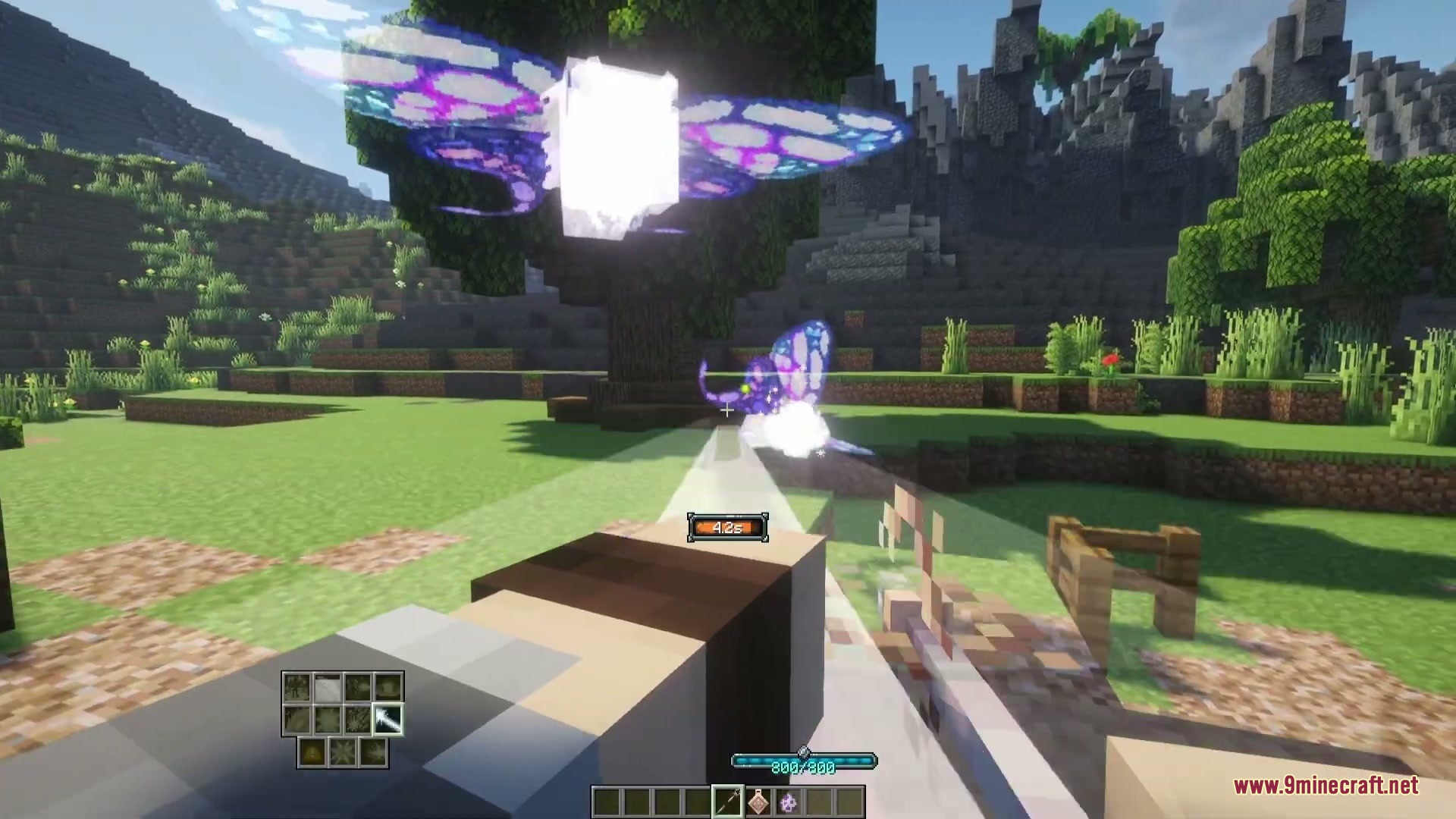 A player riding a giant Lunar Moth from the Asterism Arcanum Addon