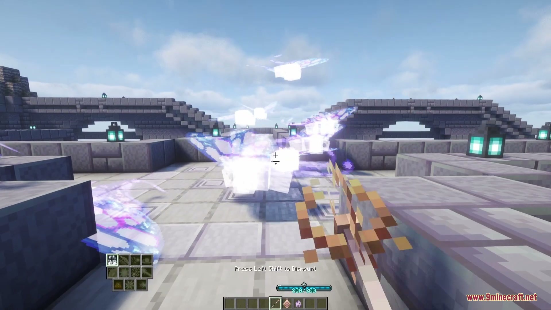 The player rides a giant glowing Lunar Moth over a stone bridge