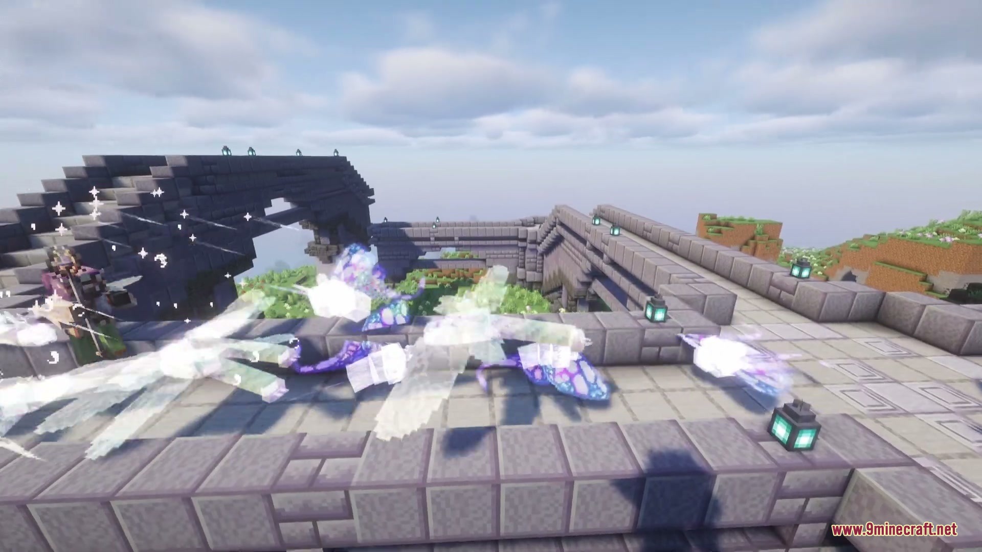 A player uses the star swarm spell on a stone bridge structure