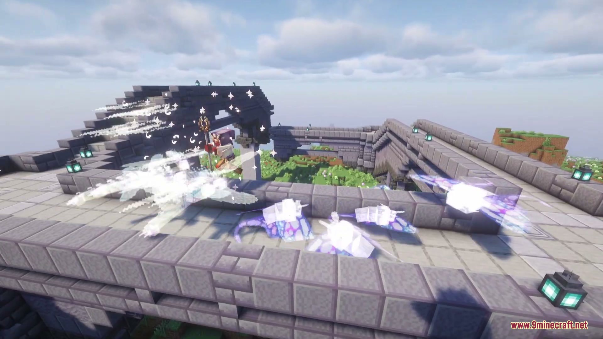 Translucent lunar moths fly across a stone walkway in a mountain biome
