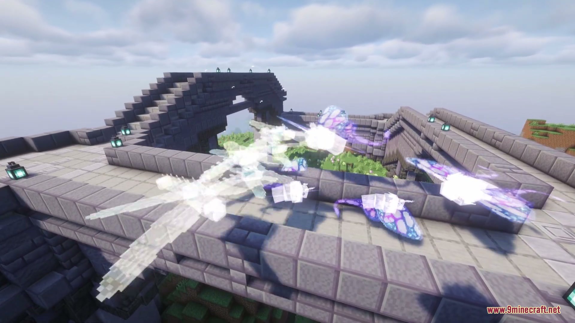 Hostile dragonflies flying around an abandoned stone observatory in the mountains