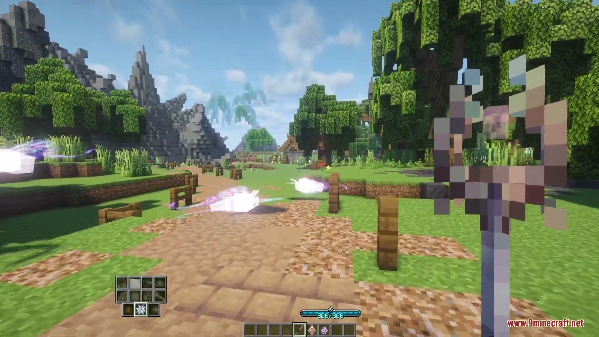 Player casting star swarm spells with a magical item in a forest