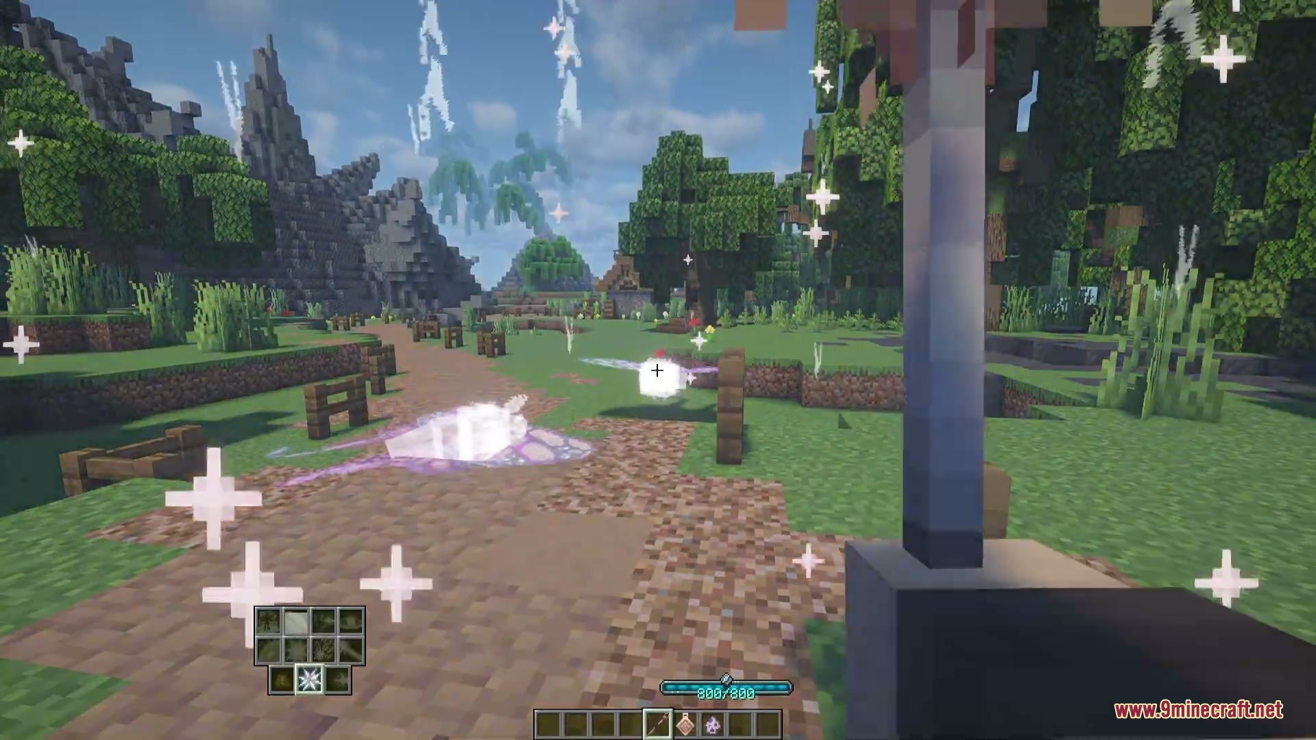 Player casting a bright astral spell with glowing particles in a forest