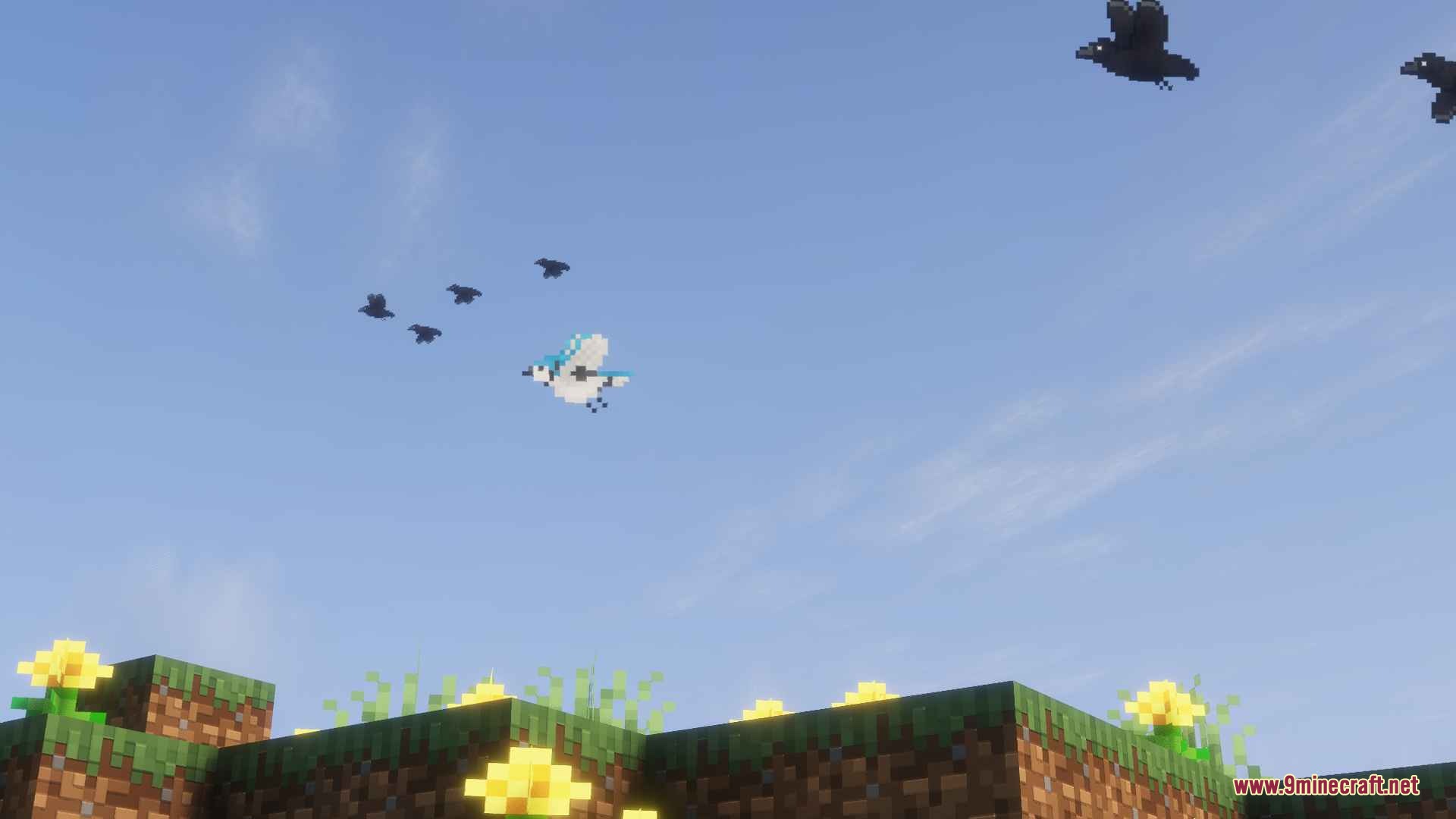 Atmospheric Fauna Mod Screenshot 1 Blue Jay and Crows flying over a grassy hill with yellow flowers