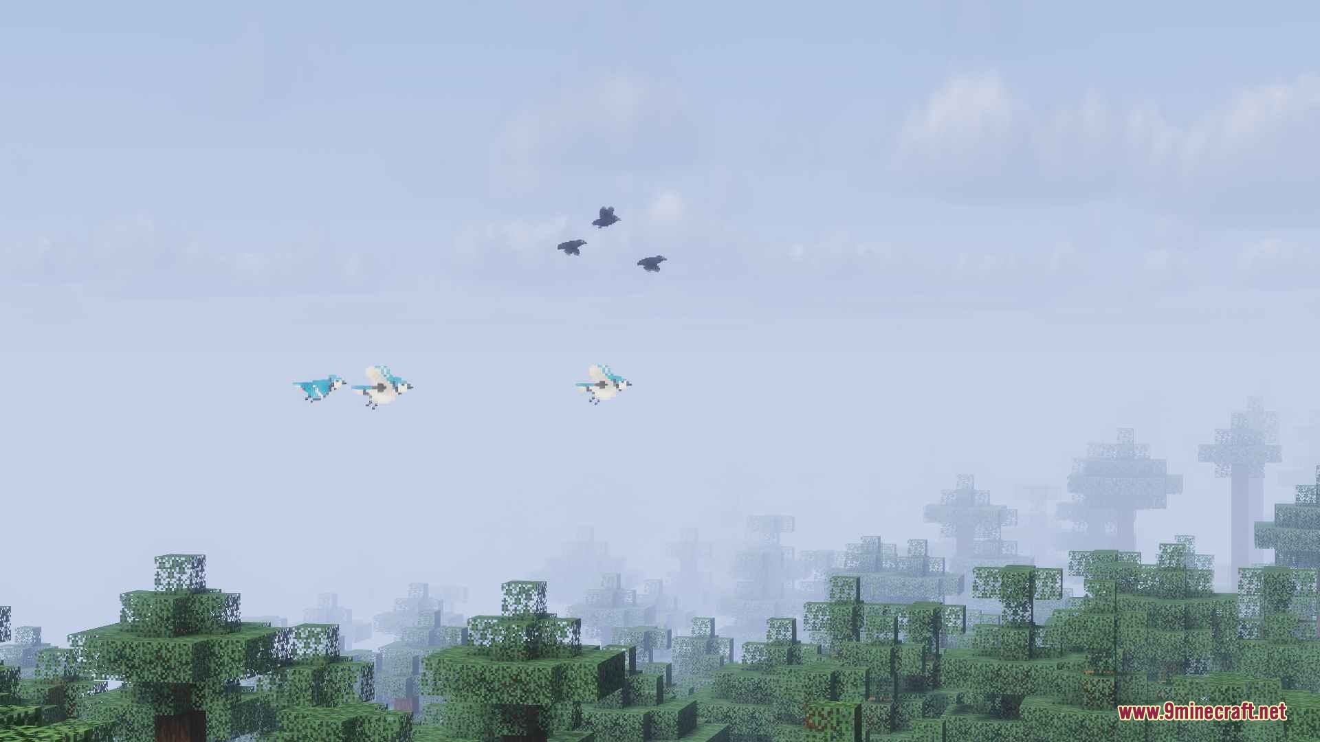 Atmospheric Fauna Mod Screenshot 2 Blue Jays and Crows soaring above a misty forest filled with trees