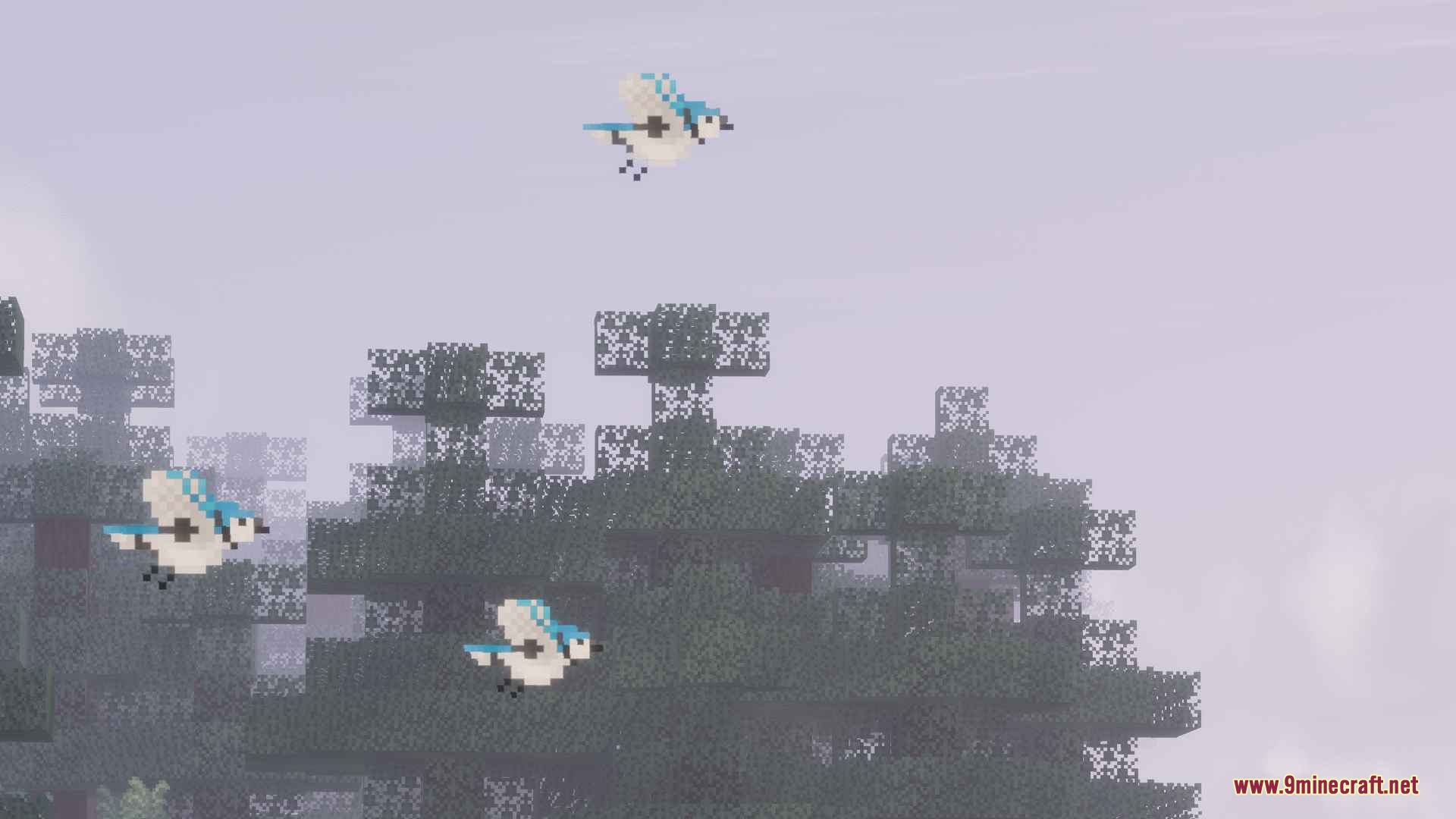 Atmospheric Fauna Mod Screenshot 3 Blue jays fly over the tops of a dense pine forest