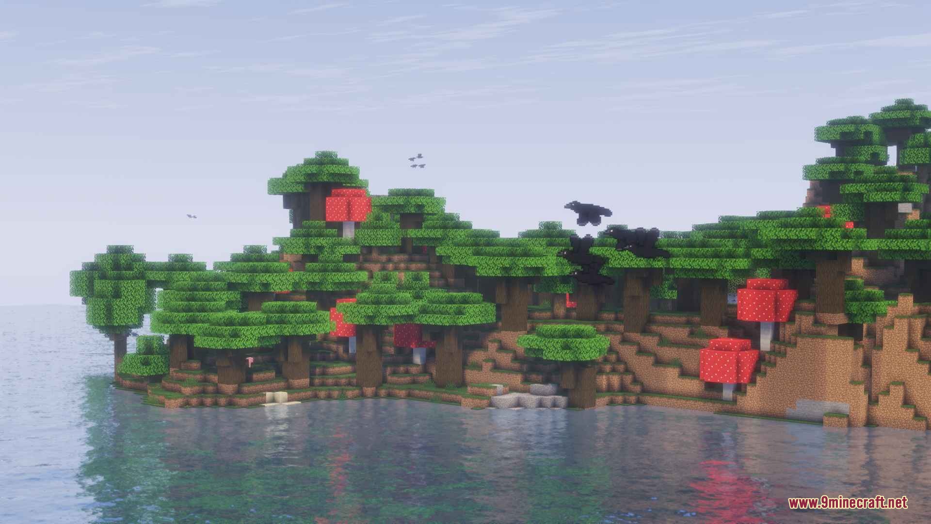Atmospheric Fauna Mod Screenshot 5 Black birds flying over a Minecraft forest with red mushrooms and water