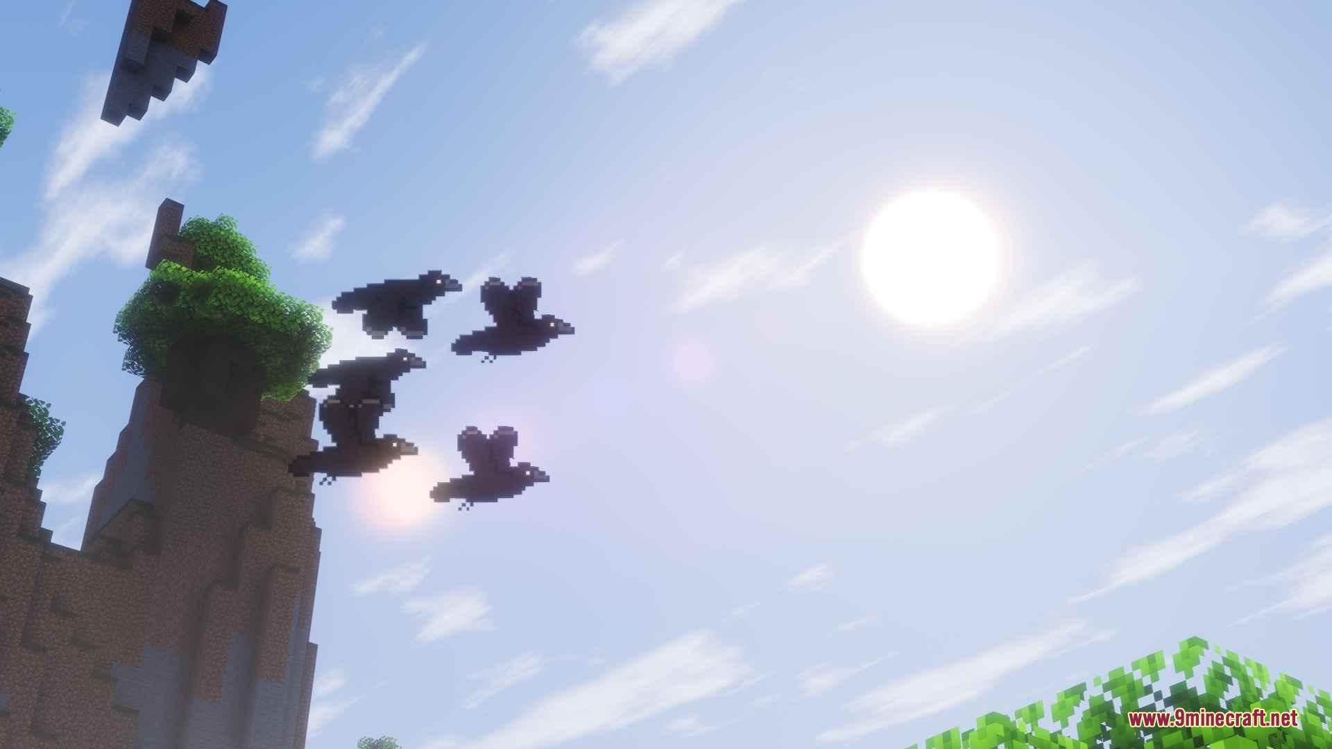 Atmospheric Fauna Mod Screenshot 6 A flock of black crows flying through the sky near a cliff