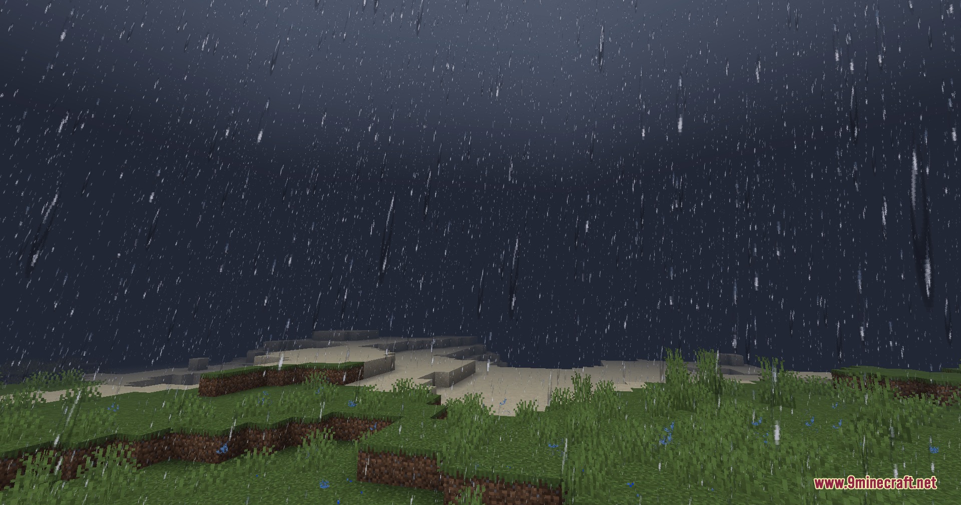 Atmospheric Zenith Mod Screenshot 4 Dense rainfall pouring down on a Minecraft landscape with grass and sand blocks