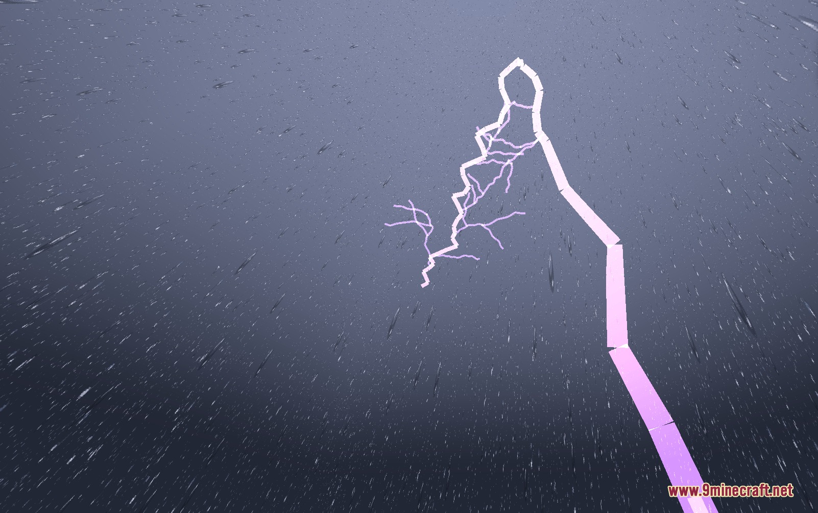 Atmospheric Zenith Mod Screenshot 5 Intense purple lightning strikes during a heavy rainstorm in the dark Minecraft sky