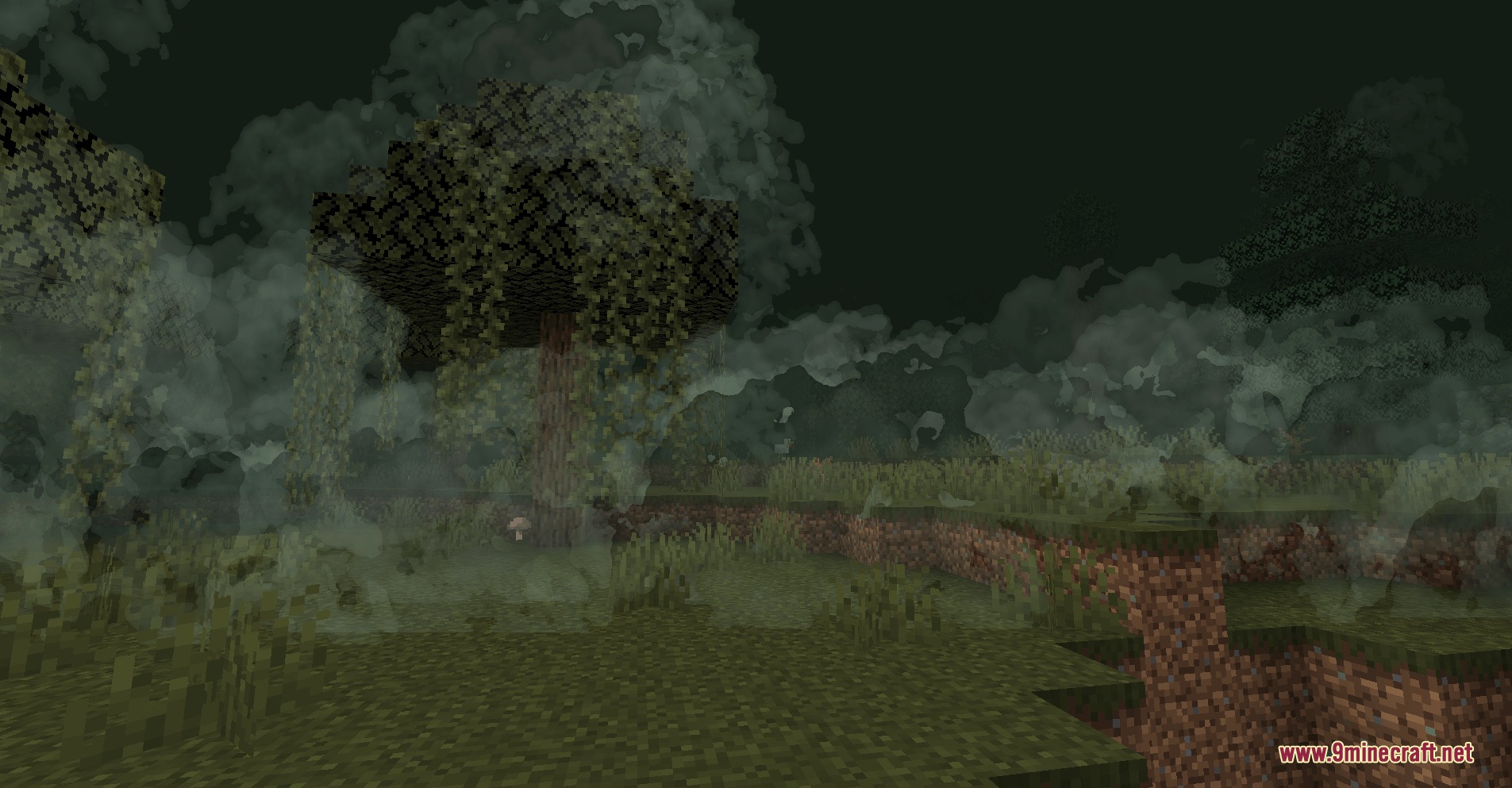 Atmospheric Zenith Mod Screenshot 8 Dense fog rolling through a dark forest biome with a large tree